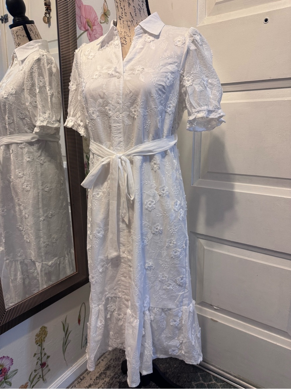 White Embroidered Button-Front Midi Dress with Tie Waist - Picture 3 of 10